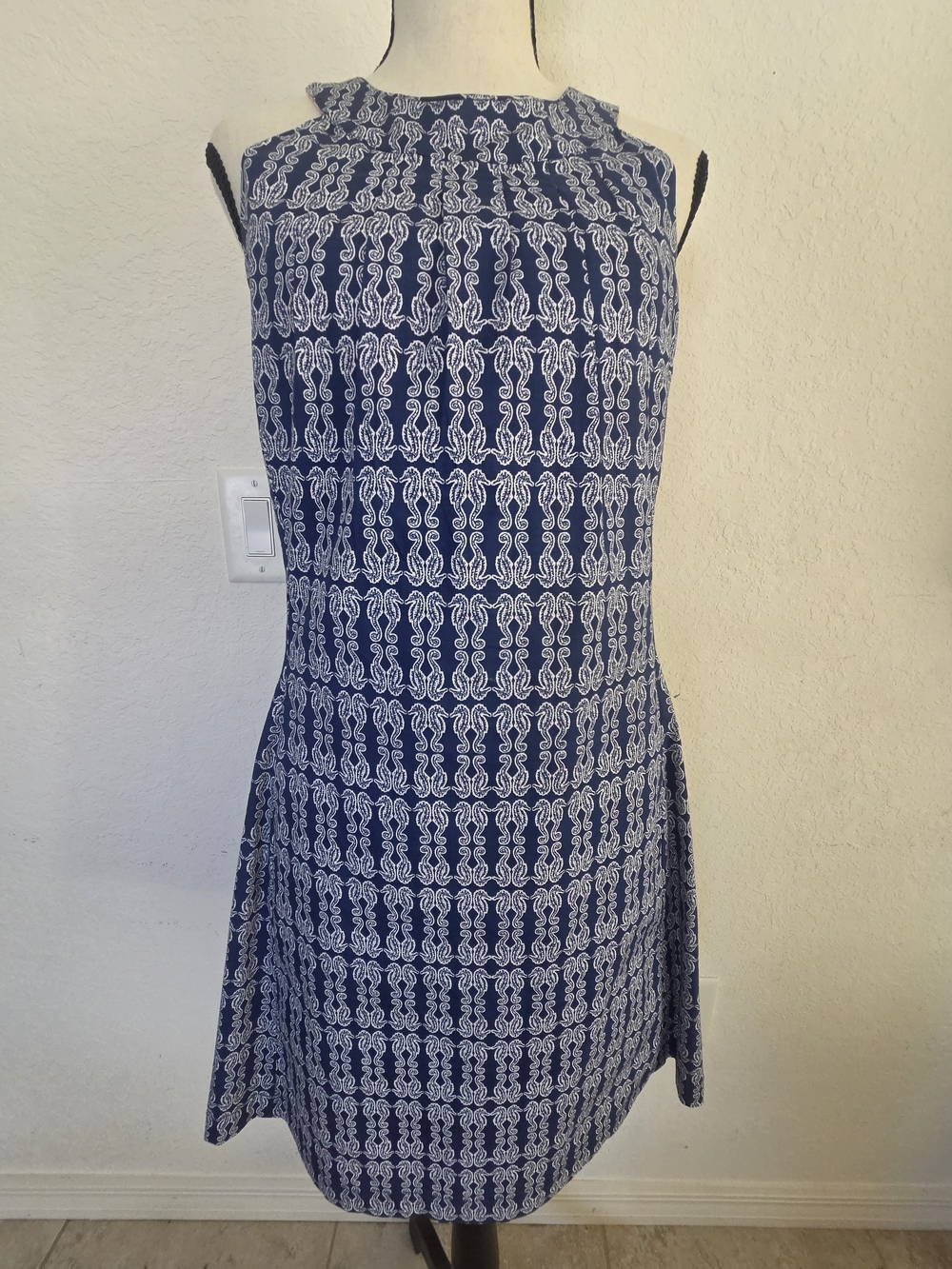 Dizzy Lizzie Blue White Seahorse Print Cotton Dress Size S Sleeveless Pockets
